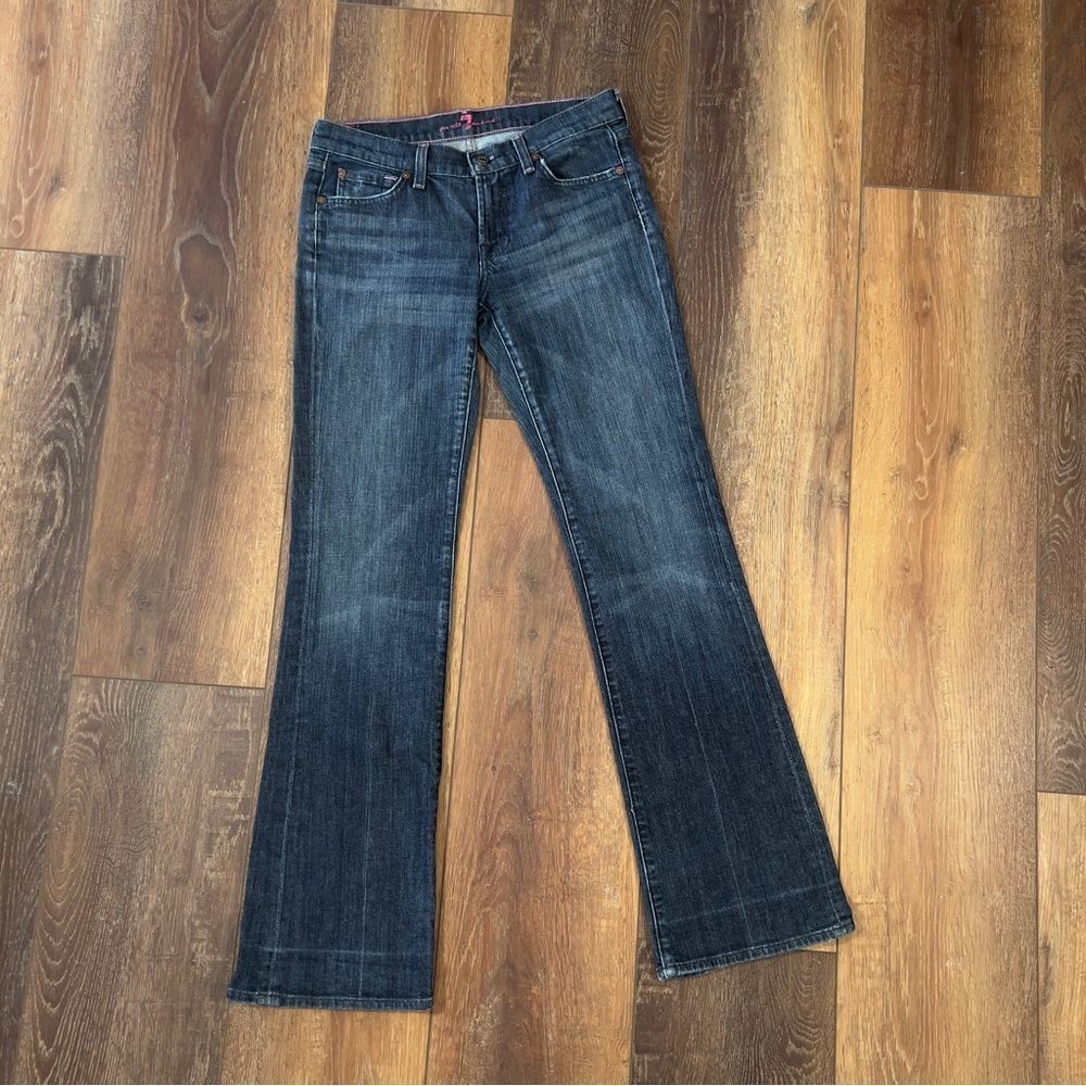 7 For All Mankind Women’s Low Rise Dark Wash Bootcut Pink Accents Sz 28